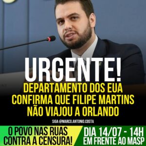Marco Antônio Costa Instagram - 🚨URGENTE: Departamento dos EUA confirma que Martins não viajou a Orlando em 30/12/22. 

A Alfândega e Proteção de Fronteiras dos EUA informou que a última viagem de Filipe Martins ao país foi em 18 de setembro de 2022, para Nova York.

Ex-assessor da Presidência da República para Assuntos Internacionais está preso há quatro meses, por viagem que não fez, por ordem de Alexandre de Moraes.