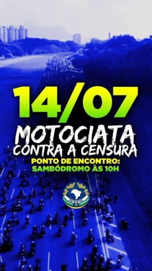 Marco Antônio Costa Instagram - 🚨CONVOCAÇÃO: Dia 14/07, às 10h, uma Motociata sairá do Sambódromo, em São Paulo, para a Manifestação na Av. Paulista, que começará às 14h 🇧🇷

✅ As pautas serão: 
•⁠ ⁠Impeachment de Lula e Alexandre de Moraes;
•⁠ ⁠⁠Anistia aos presos políticos; 
•⁠ ⁠⁠Sim para a vida e não para o aborto.

🚫 Não endossamos cartazes e pautas que:
•⁠ ⁠ofendam a honra e a dignidade de pessoas;
•⁠ ⁠⁠desejem o fim de instituições;
•⁠ ⁠⁠que preguem golpe de estado ou intervenção militar;
•⁠ ⁠⁠que estimulem soluções ilícitas e violentas.

⚠️ Atenção: esta é uma manifestação sem cunho eleitoral e/ou partidário.

➡️ Compartilhe e convide seus amigos e familiares! Essa será a segunda de muitas outras manifestações! 🇧🇷
