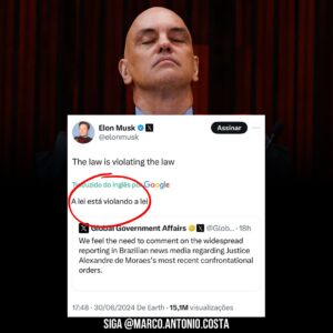 Marco Antônio Costa Instagram - 🚨Elon Musk sobre Alexandre de Moraes: “A lei está violando a lei”. 

Musk fez o comentário após Moraes multar 𝕏, mesmo depois de a plataforma cumprir a ordem de remover publicações.