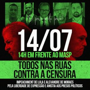 Marco Antônio Costa Instagram - 🚨 CONVOCAÇÃO PARA A 2ª MANIFESTAÇÃO 🇧🇷 - Venha para a Av. Paulista, DIA 14/07, às 14h, em frente ao MASP!

✅ As pautas serão: 
•⁠ ⁠Impeachment de Alexandre de Moraes;
•⁠ ⁠⁠Impeachment de Lula;
•⁠ ⁠⁠Anistia aos presos políticos; 
•⁠ ⁠⁠Defesa da liberdade de expressão.

🚫 Não endossamos cartazes e pautas que:
•⁠ ⁠ofendam a honra e a dignidade de pessoas;
•⁠ ⁠⁠desejem o fim de instituições;
•⁠ ⁠⁠que preguem golpe de estado ou intervenção militar;
•⁠ ⁠⁠que estimulem soluções ilícitas e violentas.

⚠️ Atenção: esta é uma manifestação sem cunho eleitoral e/ou partidário.

➡️ Compartilhe e convide seus amigos e familiares! Essa será a segunda de muitas outras manifestações! 🇧🇷