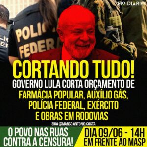 Marco Antônio Costa Instagram - 🚨ATENÇÃO: O governo Lula (PT) cortou R$ 5,7 bilhões do Orçamento, afetando Receita Federal, Polícia Federal, Exército, programas sociais (Farmácia Popular, ensino integral, Auxílio Gás) e obras em rodovias federais. Faz o L?! 

O Exército alertou que o corte prejudica seu planejamento estratégico. A Polícia Federal afirmou que a redução de mais de R$200 milhões impacta investigações, operações, segurança do G20, emissão de passaportes e serviços básicos.