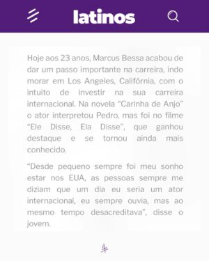 Marcus Bessa Instagram - Nem palavras pra agradecer… Obrigado pela matéria linda @latinosbrasil 💜 @assessoriacintra 

-🇺🇸 
No words to thanks it! Im very grateful, thank u so much for this article @latinosbrasil I appreciate it! 💜