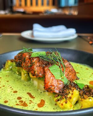 Marcus Samuelsson Instagram - Spring is in full swing at @HavandMar! Fresh flavors include a seasonal riff on the Swediopian, with berbere-cured salmon, apple water, and avocado.