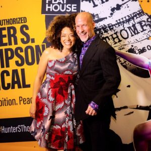 Marcy Harriell Instagram - Last Sunday at opening night of the Unauthorized Untitled Hunter S Thompson musical at #lajollaplayhouse! I made a dress in 10 hours for a show that we’ve been rehearsing for 10 years 🥰

I didn’t bring my phone with me so most of my memories are in the photo album in my 🧠🍳…but here’s me and my favorite person in the whole world, and the whole kaboom of a company 💥❤️‍🔥there is no way I can tag every soul in this pic so I tapped on faces till I ran out of space!

Wax print fabric from the one, the only @houseofmamiwata #isew #thebespokebelter #marcyharriell #handmadeharriells #hunterthompson #sandy #waxprint