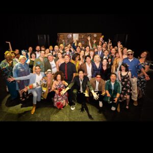 Marcy Harriell Instagram - Last Sunday at opening night of the Unauthorized Untitled Hunter S Thompson musical at #lajollaplayhouse! I made a dress in 10 hours for a show that we’ve been rehearsing for 10 years 🥰

I didn’t bring my phone with me so most of my memories are in the photo album in my 🧠🍳…but here’s me and my favorite person in the whole world, and the whole kaboom of a company 💥❤️‍🔥there is no way I can tag every soul in this pic so I tapped on faces till I ran out of space!

Wax print fabric from the one, the only @houseofmamiwata #isew #thebespokebelter #marcyharriell #handmadeharriells #hunterthompson #sandy #waxprint