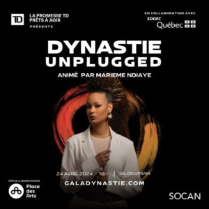 Marième Ndiaye Instagram - Une soirée pour découvrir des artistes en lice pour le Gala Dynastie, ça vous tente? Le mercredi 24 avril, plongez dans une ambiance festive lors du Dynastie Unplugged! 

Au programme: 
🎤 Des performances exclusives de @naimafrank, @mopaomumu, @dixipledeca et @rosesbasement !
😂 Des numéros de stand-up de @cstevebiko et @peterbowen18 !
🎙️ Et pour pimenter encore plus la soirée, un podcast live animé par @marieme_qc , avec les invités spéciaux des balados Résistance, @lebandwagonshow et @chroniquesdesalcooliques 

Marquez vos calendriers, réunissez vos amis et préparez-vous pour une expérience inédite 🎉

Billetterie via le lien en bio 🎫

…

An evening to discover artists in the running for the Dynastie Gala, anyone interested? On April 24th, dive into a festive atmosphere at Dynastie Unplugged!

On the agenda:
🎤 Exclusive performances by Naïma Frank, Mopao Mumu, Dix-Iple Deca, and CSHMR!
😂 Stand-up comedy acts by Steve Biko and Peter Bowen!
🎙️ And to spice up the evening even more, a live podcast hosted by Marieme, featuring special guests from the podcasts Résistance, Bandwagon Show, and Les Chroniques des Alcooliques! 🎙️

Mark your calendars, gather your friends, and get ready for a unique experience 🎉

Tickets via our link in bio 🎫

Présenté par / presented by @la.sodec 
@natyftv @td_canada

#semainedynastie #semainedynastie2024 #bâtirsadynastie #celebrateblackexcellence