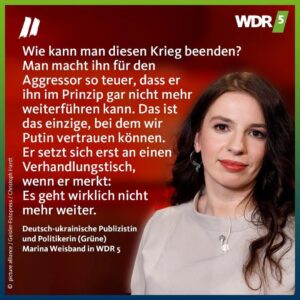 Marina Weisband Instagram - Ich wurde oft nach dem Endgame gefragt. Frieden. Aber Frieden muss das Ziel, nicht das Mittel sein. Das Mittel: Krieg muss zu teuer werden. Wir können der Ukraine helfen. Mit wirtschaftlichen Sanktionen und Waffenlieferungen. Und damit allen Staaten zeigen, dass Überfälle auf Nachbarländer sich nicht lohnen.