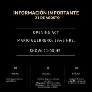 Mario Guerrero Instagram - No saben lo feliz que estoy de darles esta noticia!! Hoy y mañana estaré abriendo los shows del artista más importante de América, Luis Miguel en Chile!!

Te veo allá?? Lleguen temprano para que disfrutemos juntos 😎✨🎶🎶🎶
______________
@fenixchile Información importante para hoy 21 de agosto
¡Te esperamos!