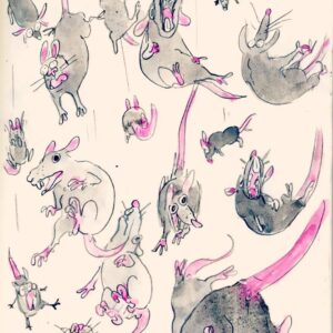 Marion Montaigne Instagram - Officiellement, même si ça ne se voit pas, je me documente sur les ondes gravitationnelles pour une note de la profe Moustache… Officieusement, je gribouille des trucs en écoutant des videos explicatives sur le sujet. 
L'autrice exprime ainsi, au travers de cette succession de chutes,  son désarroi, face à l'imbrication de son moi et de illogique comportement de la toile espace-temps, reflet de notre impuissance à capter l'immensité universelle.
#mindfuck #dograin #horserain #mouserain #bugrain 
#zeroalcohol
