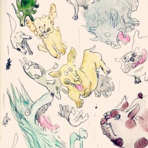 Marion Montaigne Instagram - Officiellement, même si ça ne se voit pas, je me documente sur les ondes gravitationnelles pour une note de la profe Moustache… Officieusement, je gribouille des trucs en écoutant des videos explicatives sur le sujet. 
L'autrice exprime ainsi, au travers de cette succession de chutes,  son désarroi, face à l'imbrication de son moi et de illogique comportement de la toile espace-temps, reflet de notre impuissance à capter l'immensité universelle.
#mindfuck #dograin #horserain #mouserain #bugrain 
#zeroalcohol