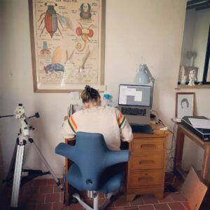 Marion Montaigne Instagram - Dernière ligne droite pour rendre tout l'album. Soutien gastrique de la pizza et moral de mon patronus, la poule. 
Bisous.