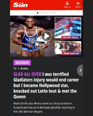 Mark Rhino Smith Instagram - Thanks for this article from @joshthejourno @thesun. Link in bio 👍🏾 @gladiators will always hold a place in my heart. Changed my life.  Looking forward to watching the new Gladiators show tonight 🔥🔥👍🏾