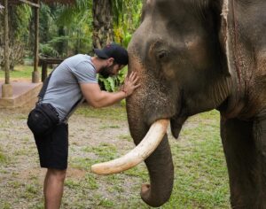 Mark Rowley Instagram - I talked to this guy (a blind retired elephant call Sunboom) about the problems of the world. He said ‘2022 looks like a good year… so you humans can chill out a little. Also, while your at it, stop planting palm oil trees. Be kind to each other, eat cake and try not to blow up the planet.’ Wise words Mr Sunboom.
