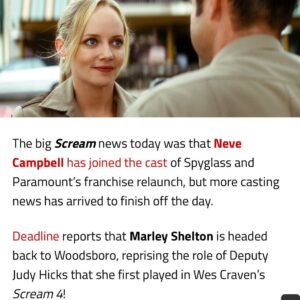 Marley Shelton Instagram - Yes, this is happening!  Super excited to reprise my role as Deputy Judy Hicks.  Woodsboro is in trouble and Hicks is on the case!  Can’t wait to re team with the amazing #SCREAM OG’s @davidarquette @courteneycoxofficial @nevecampbell  and also excited to work with our new editions @melissabarreram @mikeyymadison @jennaortega @dylanminnette @jasminsavoy @masonthegooding @sonia_ben_amarr @kylegface !  We are being directed by the crazy talented directing team #radiosilence @tylergillett #mattbettinelliolpin #chadvillella who I know will make the master of horror (the late Wes Craven RIP) very proud.  Will keep you posted as we shoot during these challenging times.  But as they say... SCREAM must go on! 😱😱😱😱😱 @wsherak @kevwilliamson @paramountpics #spyglass #wearthevestsaveyourchest