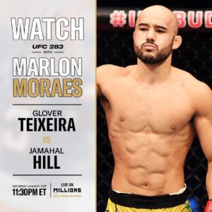 Marlon Moraes Instagram - On Saturday, January 21st at 11:30pm ET, I’m going to be hosting a #FREE WatchParty for the main card of UFC 283: Teixeira vs. Hill. I’ll be going live on @millionsdotco and I’ll be answering questions, giving my commentary, and watching with you! Link is in my bio to sign up for the FREE WatchParty with me, brought to you by @millionsdotco

🇧🇷 
Galera do Brasil vamos no sábado assistir as lutas e trocar ideia, para quem não conhece essa plataforma conseguimos  discutir sobre as lutas que estão acontecendo ao vivo, muito maneiro!
vou deixar o link no meu Perfil
@millionsdotco