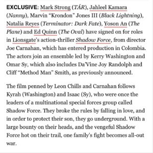 Marvin 'Krondon' Jones III Instagram - It’s an incredible blessing and honor to work alongside some of my favorite people in film and television. When I read the script I knew it would be something special and believe me it is! 
Thank you @carnojoe for your belief and creative genius. 
Thank you @kerrywashington and @omarsyofficial for such a warm welcome and for leading with love. 
Much love @simpsonstreet & @madewithlovemedia for seeing me in this great role and making it all happen 
Thank you and much love to my team @hannahmroth and @angelojcpadilla for getting it done. 
Now Let’s Go To Work! 

“ SHADOW FORCE “