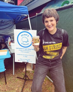 Mary Chieffo Instagram - Thank you @deanscoffee_official for fueling us today at the WB Picket!! 

#iastesolidarity #latte #sagaftrastrong #sagaftrastrike #power2performers