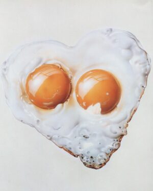 Mary H.K. Choi Instagram - Yolk. Yellow awash in whiteness. The part of the egg I didn’t eat for two decades when I had an eating disorder. The tie that binds beasts of burden. Fertility and the biological strictures foisted on women. The yellow spheroidal mass of stored food that forms the inner portion of the egg. The title of my third book about sisters. Happy Valentine's Day. Love you so big. xx

“Heart Eggs” by Masao Saito, 1988