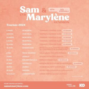 Marylène Gendron Instagram - BONJOUR TOUT LE MONDE! Ici Marylène et Sam à l’appareil. 

On vous annonce en trombe notre première TOURNÉE DU QUÉBEC en STAND UP!

Après vous avoir visité en salle avec le podcast, nous sommes très excités d’aller ENFIN vous rencontrer cette fois-ci tout en HUMOUR. Tour à tour on vous présentera chacun 45 minutes de blagues. On va donc avoir nos moments solo, et peut-être se retrouver pour un petit numéro à deux, QUI SAIT????? 

Ce sera très très professionnel car nous avons un producteur, @koscene, et une metteure en scène, la grande dame @pascalerh. À date elle a dit qu’elle nous ferait rouler sur des ballons comme deux petites circassiennes, À SUIVRE! 
De toute façon cette tournée n’est qu’un prétexte pour vous faire découvrir d’autres de nos nombreux talents. Watch out la tournée clarinette et danse lascive après celle-là. 

La première médiatique aura lieu à Montréal le 16 octobre! Probablement la soirée la plus GLAM depuis genre, la fête à Kim Kardashian.

Les billets sont déjà disponibles sur notre tout nouveau site web: sametmarylene.com

On a tellement hâte d’aller vous voir! Xxx

🪞Photo: @emihebert 
🪞Mise en beauté: @emiliemahglam 
🪞Graphisme: @leroibill 
🪞Stylisme: @catherineperronstyliste 
🪞Booking: Agence Agora
🪞Relations de presse: @cinblanche 

Merci à notre équipe d’amour 🖤 @lacmath @veroniquetrepanier79 @chantalchandail @elizdcote @sylsav @zemorissette
