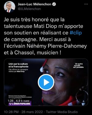 Mati Diop Instagram - Avec ⭐️ Rachel Kéké ⭐️ 
@rbitoun , Aymane Thegat, Issam Thegat, Françoise Mazaltov, Floréale, Sirine Bechouel, Victor Pailhac, Michel Mallet, Kamila Mamadnazarbekova, Rania Benelhaj, Samirat Abdallah Zitombi, Yuki Takahata, @eve.bitoon , Lazare Razkallah, Marine Cissé, Copelia Robert, Jeroen Atputharajah, Victoire Diethlem, Mously Diallo, @faaxaan , Coline Bairet, Max Delagrave, Aline Lo Tutala, @abdoublakc @eric_baudelaire 

Texte : @pierredahomey 
Musique : @chassol_chassol 
Image : @yannka 
Casting : Bahijja El Amrani 
Son : Simon Apostolou
Production : @judithloulevy @owlsdude 

Merci à tous 🔥