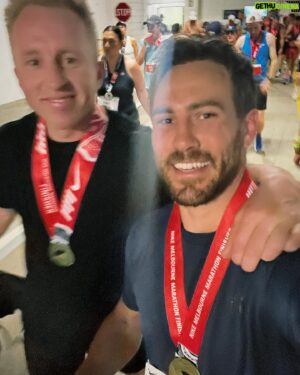 Matt Wilson Instagram - From 5km - 42km in 10weeks and finished in 3hrs 40min. 
The longest distance I ran during training was 20km. 
Couldn’t be prouder of myself right now! The runners high is real.
I started cramping at around 29km and it hit the hurt locker soon after that. Seeing so many people push themselves to the limit (some beyond) was powerful. Definitely not the last marathon I’m entering!

Thank you to @jessicaleewilson1 for pushing me to run even when the kids were running wild. It would have been impossible without you. 
@lonsdale.build for bringing me back to life with 6km to go! Legend! 
@_iron_ryan_ the world championship iron man competitor who wrote me a SOS running plan that kept me injury free. 
And @newbalance for sponsoring my run with the best kicks for my mission. 

#wooooooooooo @melbmara