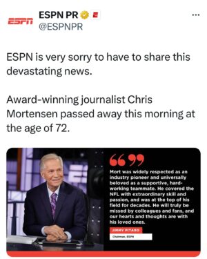 Matthew Berry Instagram - Absolutely gutted. Incredible journalist but even better person. Helluva FF player too. When I 1st got to ESPN Mort was kind & welcoming to me. Not everyone was. Would have been easier to ignore me but he often pulled me aside to give advice or just listen. He was hilarious too. Him roasting Boomer in the War Room are among my fave memories of ESPN. When I got the job at NBC he called me to congratulate me and tell me how sad he was I wasn't at ESPN anymore but how happy he was for me to be a part of NFL coverage at NBC. RIP to the legend. RIP MORT