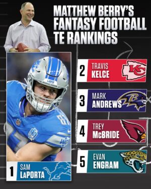Matthew Berry Instagram - Sam LaPorta climbs above Travis Kelce in Matthew Berry’s latest TE position rankings.