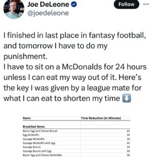 Matthew Berry Instagram - Ok, what are you eating to get out of there early? How many hours could shave off? #FantasyLife