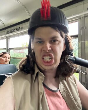 Matthew Cardarople Instagram - I took some selfies in character as Ansel in @rezdogsfx during B-roll shots of us driving in the bus here are some of those 🤪 with @deveryjacobs and @paulinaalexisofficial 🤣😂