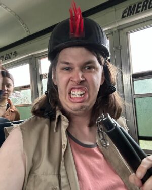 Matthew Cardarople Instagram - I took some selfies in character as Ansel in @rezdogsfx during B-roll shots of us driving in the bus here are some of those 🤪 with @deveryjacobs and @paulinaalexisofficial 🤣😂