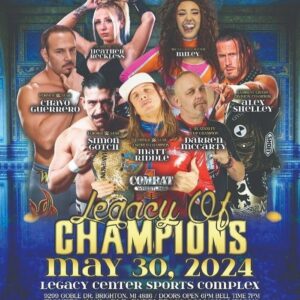 Matthew Frederick Riddle Instagram - ‼️BRIGHTON MICHIGAN ‼️
Brace for impact as the stars of Combat 1 Pro Wrestling bring you the MUST SEE event of the year Legacy of Champions!
Don’t wait to secure your spot!
All battles will lead to GOLD! On Thursday May 30th Combat 1 Professional Wrestling will slam into The Legacy Center Sports Complex in Brighton Michigan for Legacy of Champions! ALSO, who will come out on top when the locker room goes to war in the first ever Legacy Rumble! Legacy’s will be defined, and Champions will be made..

**Already scheduled to appear**
- Former WWE Star Chavo Guerrero 
-Former WWE Star “The King of Bro’s” Matt Riddle 
-Former WWE Star Simon Gotch
- Crash Division Champion Alex Shelley 
- Detroit Red Wings Icon Darren McCarty 
-IWTV Champion “The Atrocity” Krule 
-The Women of Combat 
PLUS MANY MORE!!!

Legacy of Champions is LIVE May 30th at the beautiful Legacy Sports Complex field house located at 9299 Goble Dr. Brighton Michigan 48116. Doors open at 6pm with a Belltime of 7pm.
Tickets start at just $15 and can be purchased at
Purplepass.com/champions 

NOTE: Meet and Greet with Wrestlers will be available before Belltime.

Get your tickets NOW 🔥