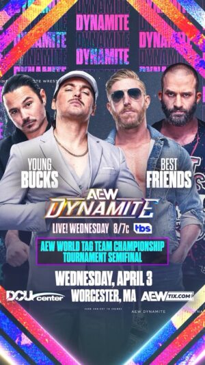 Matthew Massie Instagram - #AEW World Tag Team Championship Tournament Semifinals
EVPs Matthew & Nicholas Jackson @youngbucks take on Best Friends @orangecassidy @trentylocks TOMORROW on #AEWDynamite LIVE from the @DCUCenter in Worcester, MA at 8pm ET/7pm CT on @TBSNetwork Who will go on to the finals at #AEWDynasty?