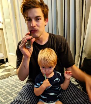 Matthew Patrick Instagram - Gotta keep those new teeth clean with some good dental hygiene! #familylife #cleanteeth