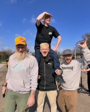 Matthew Pritchard Instagram - Skateboarding Scotland 🛹 

What a treat to get a skate in with @markburrows @benleyden @weejoe44 on the last day of this trip. I haven’t seen Joe and Ben for about 15 years so it was good to spend some time with them 

We got up Soughton skate park in the gale force winds but that didn’t stop us, few tricks in the bag 👊🏽

I’m now heading south on the mission back home but hoping to squeeze one last mission before this @cymrucamperfurniture goes back. 

#SWYDsupps #Skateboarding #Scotland
