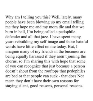 Matthew Underwood Instagram - We all want to live in a better world. That requires all of us to treat each other with empathy and not make assumptions about people’s personal experiences. We’re all feeling pain right now, and I can understand if you are angry, but harassing people who maintain their privacy and wishing death upon their families is no way to make this world better and safer for all of us. #QuietOnSet

To ensure there is no confusion, I want to make it clear that my current agents Lauren Green and Sam Hampton of Modern Artists Entertainment are incredible humans who are sincere, genuine, and smart professionals in this industry. They have always listened to my concerns and watched out for my well being. I want to thank Lauren Green for literally having my back since I was 8 years old. The only period of my life that I wasn’t represented by her, was the year and a half I had this shitty experience with this other agent. If it wasn’t for Lauren and Sam, I would never have been on a screen again. @modernartistsagencyla @lauren_so_fabulous @samuelteel

As I have been informed my words were being misunderstood around the interwebs, for further clarification please see:
https://www.reddit.com/r/QuietOnSetDocumentary/s/oIJijvbwzS 
&
https://www.reddit.com/r/QuietOnSetDocumentary/s/P4C47U3XWF