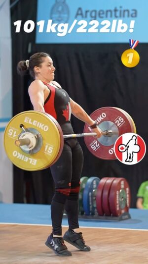 Maude Charron Instagram - Tokyo Olympic Champion @m_charron28 (59kg, Canada 🇨🇦) snatching 101kg/222lb to win the snatch gold at the 2023 Pan Ams!