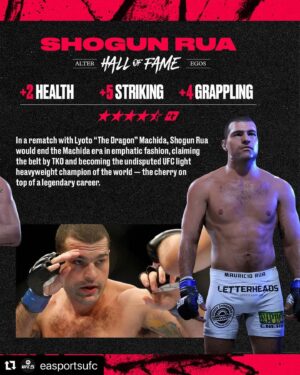 Maurício Rua Instagram - Muito feliz em estar mais uma vez no jogo oficial do @ufc , ainda mais agora com a opção de escolha de lutador “HALL DA FAMA”
・・・
𝐓𝐡𝐞 𝐔𝐅𝐂 𝐇𝐚𝐥𝐥 𝐨𝐟 𝐅𝐚𝐦𝐞 𝐂𝐥𝐚𝐬𝐬 𝐎𝐟 𝟐𝟎𝟐𝟒 🏛️🏆

🇧🇷 Rua (UFC 113)
🇧🇷 Silva (UFC 117)
🇺🇸 Sonnen (UFC 117)
🇺🇸 Edgar (UFC 136)
🇧🇷 Silva (UFC 139)
🇵🇱 Jędrzejczyk (UFC 211)

#UFC5