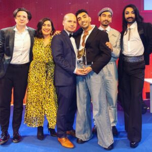 Mawaan Rizwan Instagram - Thank you @royaltelevisionsociety for awarding JUICE best Comedy Drama 🥰🧃

Wearing @elvdenim 
Makeup by the amazing Juice MU designer herself @susanamota 
Shoes @boss