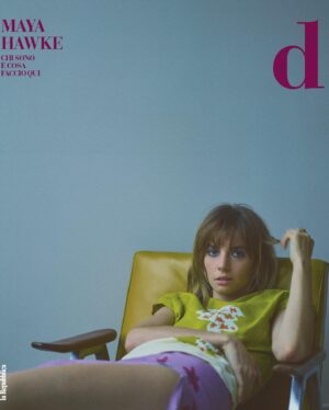 Maya Hawke Instagram - I had a fever and lousy attitude when we shot this so big thank you to all these people who made it look like i had a pulse and a personality. 
Photo @gstyles 
Style @tony_irvine 
Fashion all clothes by @prada 
Makeup @laurastiassni 
Hair #LucasWilson
Manicurist @ritaremark 
EIC @efarneti 
Cover #dCover #ChiSonoECosaFaccioQui #Prada #dlaRepubblica
Cover #dCover