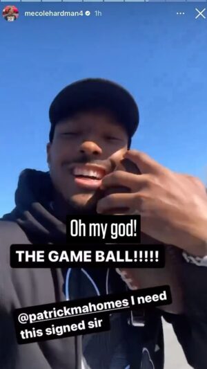 Mecole Hardman Jr. Instagram - @mecolehardman4 finally got the ball from his game-winning overtime TD in #SBLVIII  🥹🏈 (via @nfloncbs)