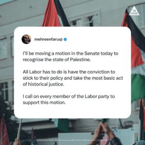 Mehreen Faruqi Instagram - The Greens will be moving a motion in the Senate today to recognise the state of Palestine.

All Labor has to do is have the conviction to stick to their policy and take the most basic act of historical justice.

We call on every member of the Labor party to support this motion.

Every abstention and every vote against this motion will be recorded firmly and permanently on the wrong side of history.

At the heart of recognising Palestinian statehood must be the right of the Palestinian people to self-determination.