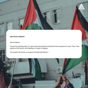 Mehreen Faruqi Instagram - The Greens will be moving a motion in the Senate today to recognise the state of Palestine.

All Labor has to do is have the conviction to stick to their policy and take the most basic act of historical justice.

We call on every member of the Labor party to support this motion.

Every abstention and every vote against this motion will be recorded firmly and permanently on the wrong side of history.

At the heart of recognising Palestinian statehood must be the right of the Palestinian people to self-determination.