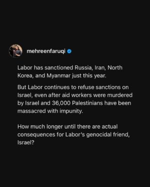Mehreen Faruqi Instagram - Labor continues to refuse sanctions on Israel, even after aid workers were murdered by Israel and 36,000 Palestinians have been massacred with impunity. 

How much longer until there are actual consequences for Labor’s genocidal friend, Israel?

#UNRWA #FreePalestine