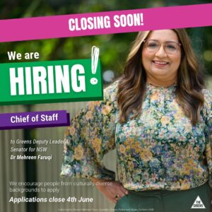 Mehreen Faruqi Instagram - There are only 2 more days to apply for the Chief of Staff role within my office!

If you feel you meet most, but not all, of the selection criteria, please do not be dissuaded from applying.

Apply now via the link in my bio ✏️