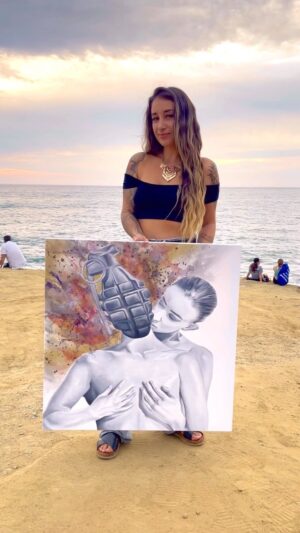 Melanie Posner Instagram - I’ve been waiting to post this painting until I felt like I could properly verbalize what it means to me. Love bombing is sadly such a popular thing in our generation. It’s all about getting the other person and then once they have them they start to devalue them. I experienced the horrible feelings that come along with broken promises and an dealing with an emotional rollercoaster. At this stage in my life I have realized I’ve been love bombed multiple times. I have fallen for this mental abuse because I’ve longed to feel truly loved for so long. Growing up with the childhood I had I lacked comfort, attention and validation. So when someone showers it my way it’s so easy to get sucked in and believe every word. This is my personal interpretation of how that feels.
.
.
.
.
.
#lovebombing #narcissisticabuse #redflags🚩 #artthatinspires #sandiegoartist #sandiegoart #femalepainter #realismart #womanart #lgbtqartist #lgbtart