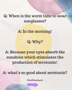 Mellissa Laycy Instagram - 🕶️😎🚫Q: When is the worst time to wear sunglasses?
A: In the morning!
Q: Why?
A: Because your eyes absorb the sunshine which stimulates the production of serotonin!
A: what’s so good about serotonin?
A: Serotonin is a neurotransmitter that regulates mood, sleep, and appetite.
Q: So getting sunlight can help me lose weight and lift my mood?
A: Yes exactly! And another thing, serotonin stimulates Vitamin D production and melatonin.
Q: What is melatonin?
A: This hormone helps regulate your circadian rhythm (your wake/sleep cycle)
Q: Ok so sunglasses can potentiall block all this from happening?
A: Yes exactly!

#Biohacking #WeightLossJourney #SleepOptimization #HealthHacks #BiohackingLife #FitnessGoals #OptimalHealth #NutritionHacks #MindBodyWellness #SleepScience #BiohackingSleep #WeightLossTips #HealthyLiving #WellnessJourney #BiohackingCommunity #SleepQuality #FitnessBiohacks #WeightLossMotivation #BiohackingTips #SleepHacks