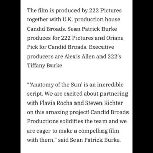 Mena Suvari Instagram - So excited to be a part of this, absolutely cannot wait, and completely honored. ✨

•••••••••••••••••••••••••••••••••••••••••••••••••••••••••••

Repost from @candid_broads_prod
•
As we currently stand on home soil (or sand, really) in the midst of the Cannes Festival, we thought it would be time to share some good news we’ve been, until now, keeping tucked away under our cinema seats.

We are immensely excited to be joining US production company 2:22 Pictures on the upcoming psychological drama “Anatomy of the Sun”, written and directed by @stevenrichterfilm (Raindance ‘Film of the Festival’ nominated feature “Centre of Gravity”).

The film will be headlined by “American Beauty” actress @menasuvari and rising Canadian star @antoineolivierpilon, two members of a grief-stricken family in which the son (Pilon) is haunted by visions of his late sister and strives to piece together the details of her untimely death.
Richter gives us a small taste of the feel of the film by calling it “an immersive visual and sonic narrative experience that blurs reality and the natural dreamscapes of the mind”.

Shooting for the feature is set to commence in fall of this year, with the title being represented by @concourse.media.

Thank you so much @variety for the article!

 #womeninfilmandtv #casting #menasuvari #featurefilm #independentfilm #indiefilm #independentfilmmaker #independentfilmmakers #femalefilmmaker #anatomyofthesun #dramafilm #filmmakerfriday #indiefilmmaking #womeninfilm #indiefilmmaker