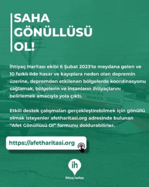 Mert Fırat Instagram - İhtiyaç Haritası ekibi 6 Şubat 2023'te meydana gelen ve 10 farklı ilde hasar ve kayıplara neden olan depremin üzerine, depremden etkilenen bölgelerde koordinasyonu sağlamak, bölgelerin ve insanların ihtiyaçlarını belirlemek amacıyla yola çıktı.

Etkili destek çalışmaları gerçekleştirebilmek için gönüllü olmak isteyenler afetharitasi.org adresinde bulunan “Afet Gönüllüsü Ol” formunu doldurabilirler. @ihtiyacharitasiofficial 

🔗https://afetharitasi.org