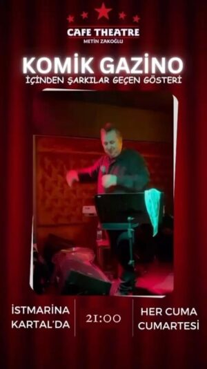 Metin Zakoğlu Instagram - Metin Zakoğlu’ndan KOMİK GAZİNO her Cuma- Cumartesi 21:00’de Cafe Theatre @

Muhteşem orkestra eşliğinde okuyacağı şarkılar ile STANDUP’ı birleştirip tam bir KOMİK GAZİNO keyfi yaratan komedinin usta ismi METİN ZAKOĞLU’ndan şimdi yepyeni şarkılar yepyeni hikayeler CAFE THEATRE’da sizlerle buluşuyor.

Metin Zakoğlu; Selami Şahin’den Zeki Müren’e, Ferdi Özbeğen’den Cem Karaca’ya, Müzeyyen Senar’dan Bülent Ersoy’a kadar uzanan muhteşem repertuarı içine çok çok komik hikayeler ekleyerek size unutulmaz bir gece vaat ediyor.

Bu formatı 2002 senesinde ilk kez sizlerle buluşturan Zakoğlu’na sahnede devlet sanatçısı usta müzisyen ve maestro önemli keman virtüözü SELAHATTİN ELLEK yönetimindeki orkestra eşlik ediyor
Biletler @biletinial ve @biletix de