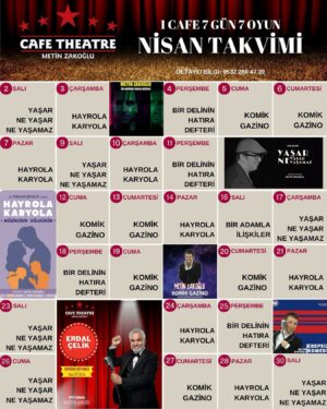 Metin Zakoğlu Instagram - Tiyatrocunun bayramı en fazla üç gün olur :) ve yarın itibari ile özlem gideriyoruz… Cumartesi saat 15:00’de Yaşar ne yaşar ne yaşamaz 18:00’de Bir delinin hatıra defteri 21:00’de Komik Gazino. Yarın ard arda üç farklı oyun ile üstelik karşınızdayım. 
14 Nisan 21:00 HAYROLA KARYOLA 
Cafe Theatre Kartal
15 Nisan 21:00 BİR DELİNİN HATIRA DEFTERİ 
AKM Taksim
16 Nisan 20:30 HAYROLA KARYOLA 
Ankara Kızılay Yeni Sahne 
17 Nisan 21:00 HAYROLA KARYOLA 
Akm Taksim ( biletler tükendi) 
18 Nisan 21:00 BİR DELİNİN HATIRA DEFTERİ
 Cafe Theatre Kartal 
19-20-21 Nisan Cafe Theatre Kartal 
22 Nisan BİR DELİNİN HATIRA DEFTERİ 
Ankara Şinasi Sahnesi
23 Nisan Cafe Theatre Kartal
24 Nisan İzmit BİR DELİNİN HATIRA DEFTERİ
25 Nisan Bursa BİR DELİNİN HATIRA DEFTERİ
26 Nisan AVCILAR HAYROLA KARYOLA
27-28 Nisan Cafe Theatre Kartal 
30 Nisan BODRUM BİR DELİNİN HATIRA DEFTERİ 

Bir MAŞALLAHINIZI alırım… 🧿🧿🧿